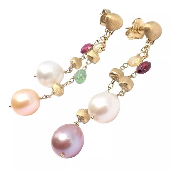 Authentic! Marco Bicego 18k Yellow Gold Paradise Multicolor Gems Pearl Earrings - Picture 3 of 10